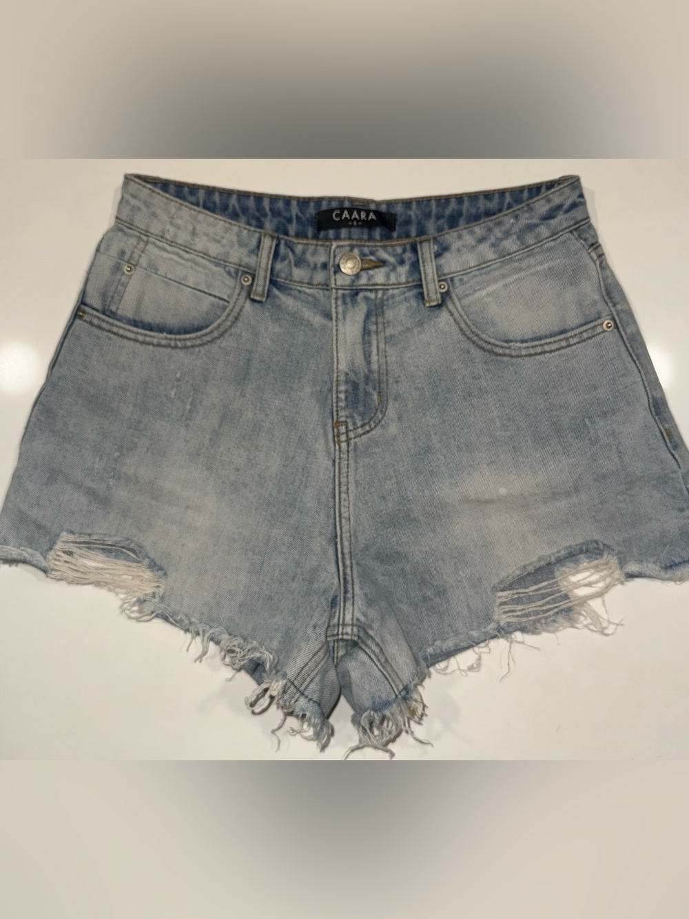 CAARA Light Blue High-Rise Distressed Denim Shorts
